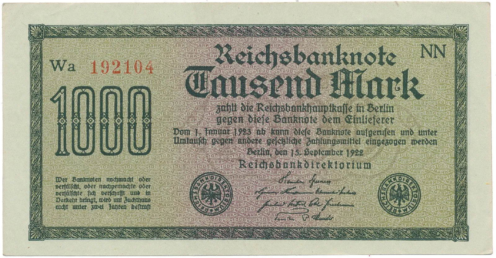 Německo, 1000 Mark 1922, vod. Wellen, 6-místné číslo, Ro.75q