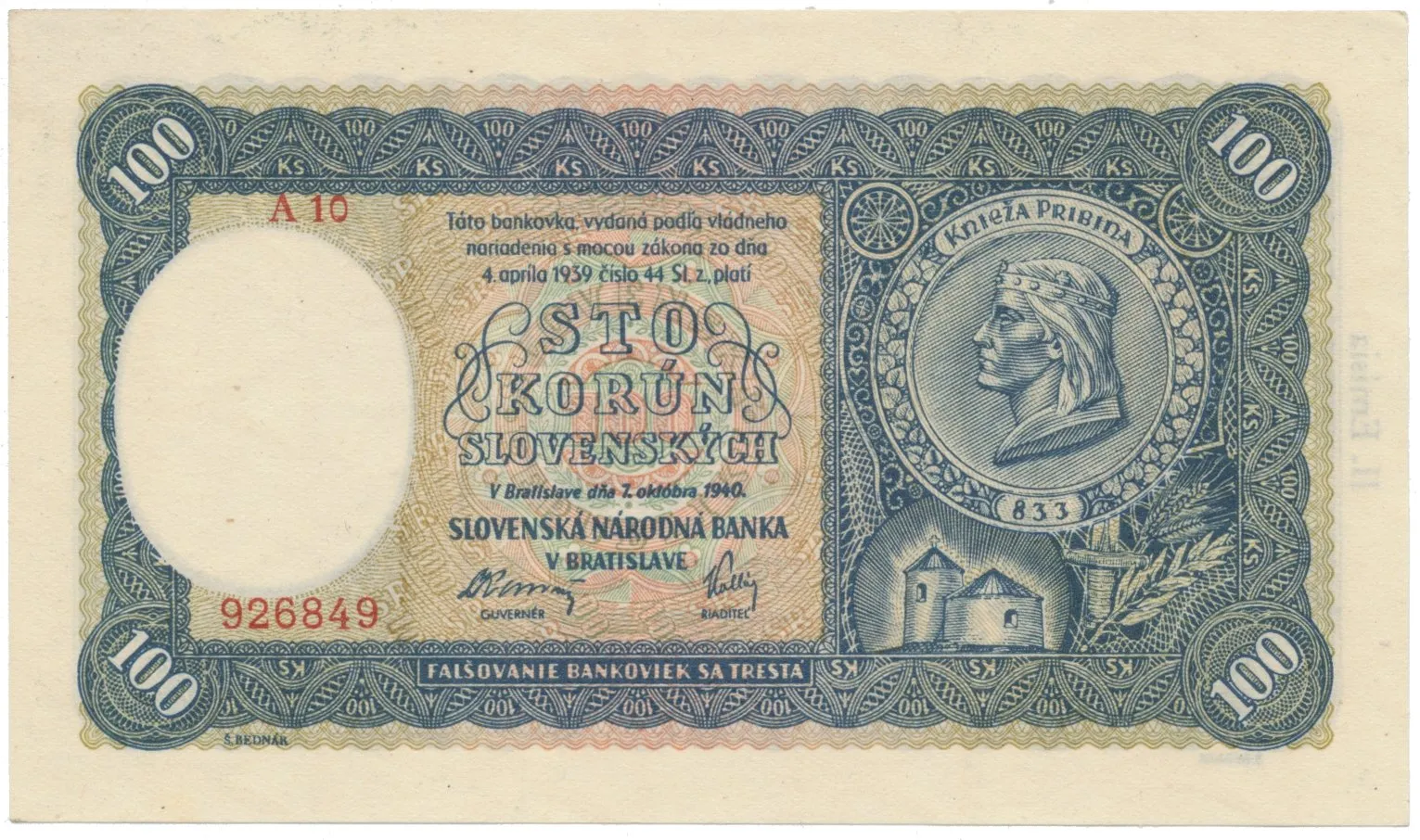 100 Koruna 1940, II. vydání, série A 10, Hej.49a2