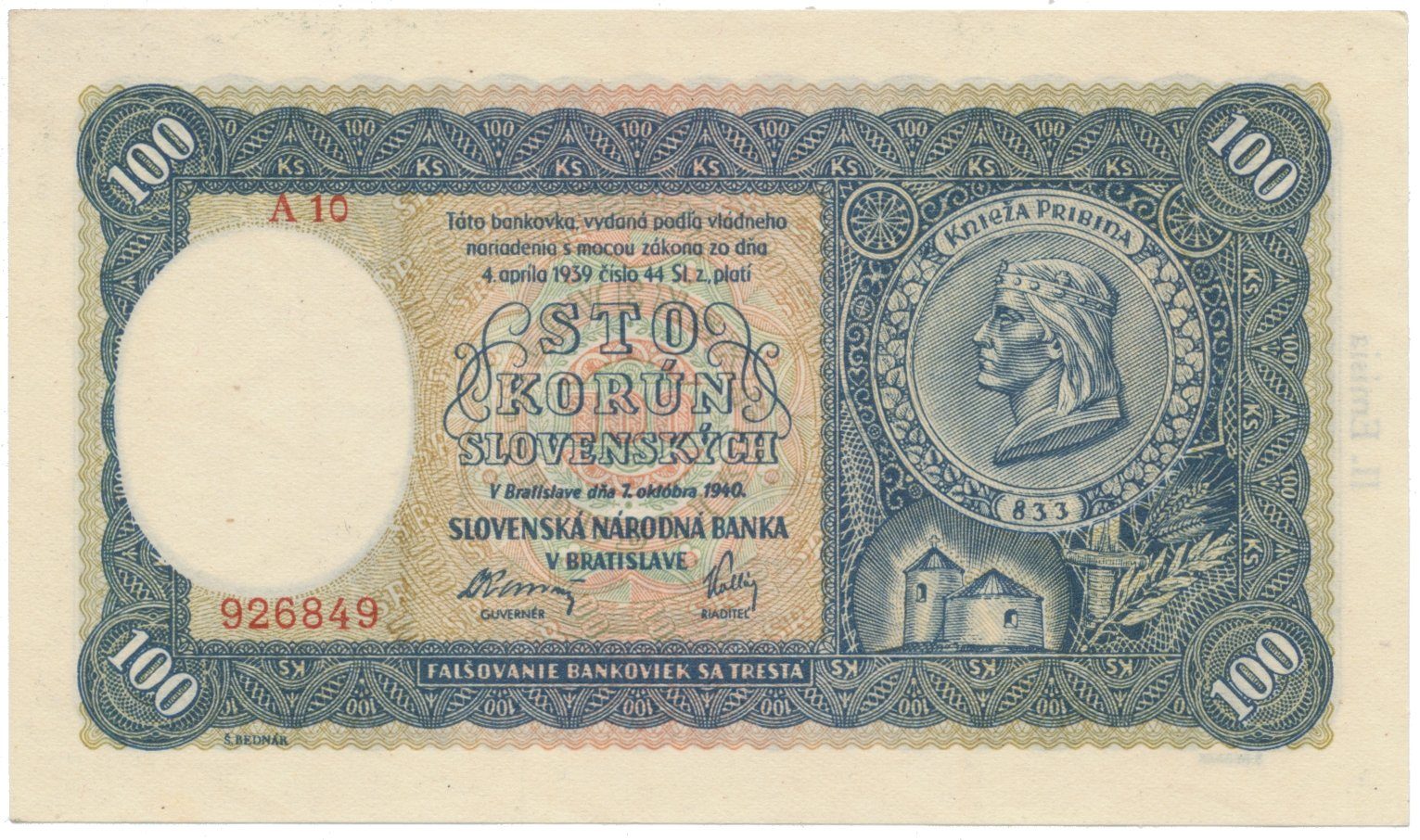 100 Koruna 1940, II. vydání, série A 10, Hej.49a2
