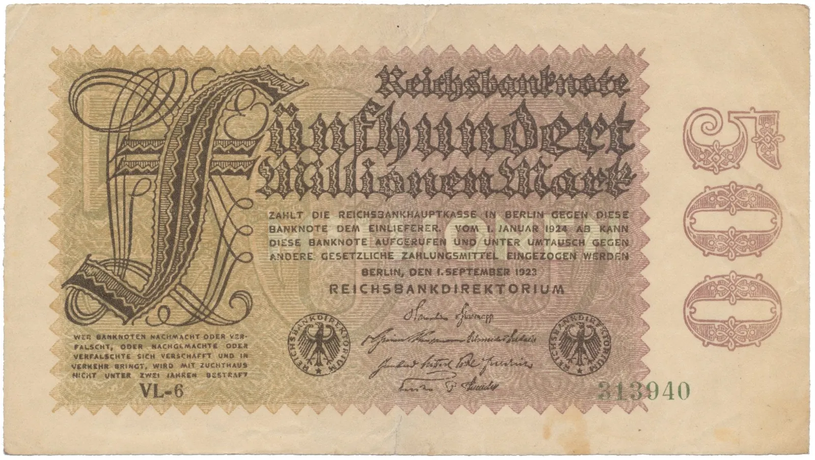 Německo, 500 Millionen Mark 1923, vodoznak Hakensterne, Ro.109d
