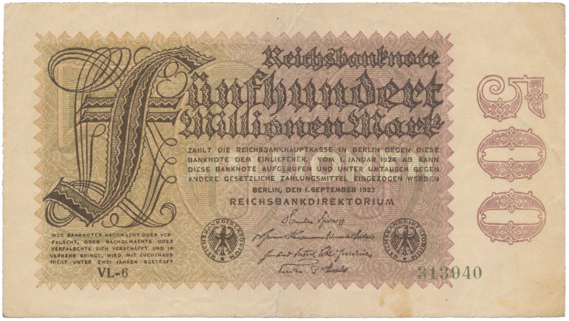 Německo, 500 Millionen Mark 1923, vodoznak Hakensterne, Ro.109d