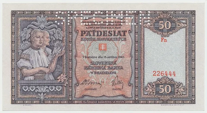 Slovensko, 50 Koruna 1940, perf. 1x SPECIMEN nahoře, Hej.50a.S1
