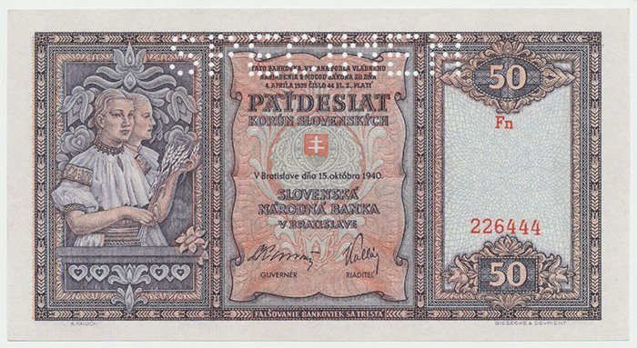 Slovensko, 50 Koruna 1940, perf. 1x SPECIMEN nahoře, Hej.50a.S1