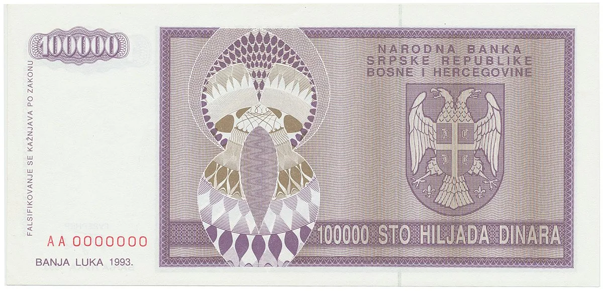 Bosna a Hercegovina, 100.000 Dinara 1993, anulát, AA 0000000, P.141