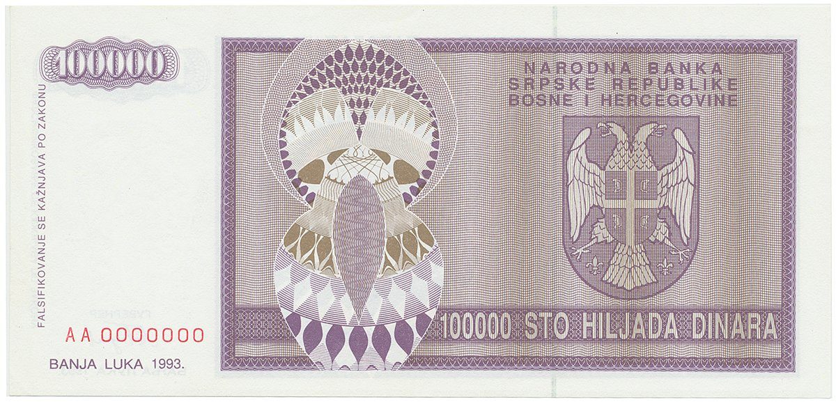 Bosna a Hercegovina, 100.000 Dinara 1993, anulát, AA 0000000, P.141
