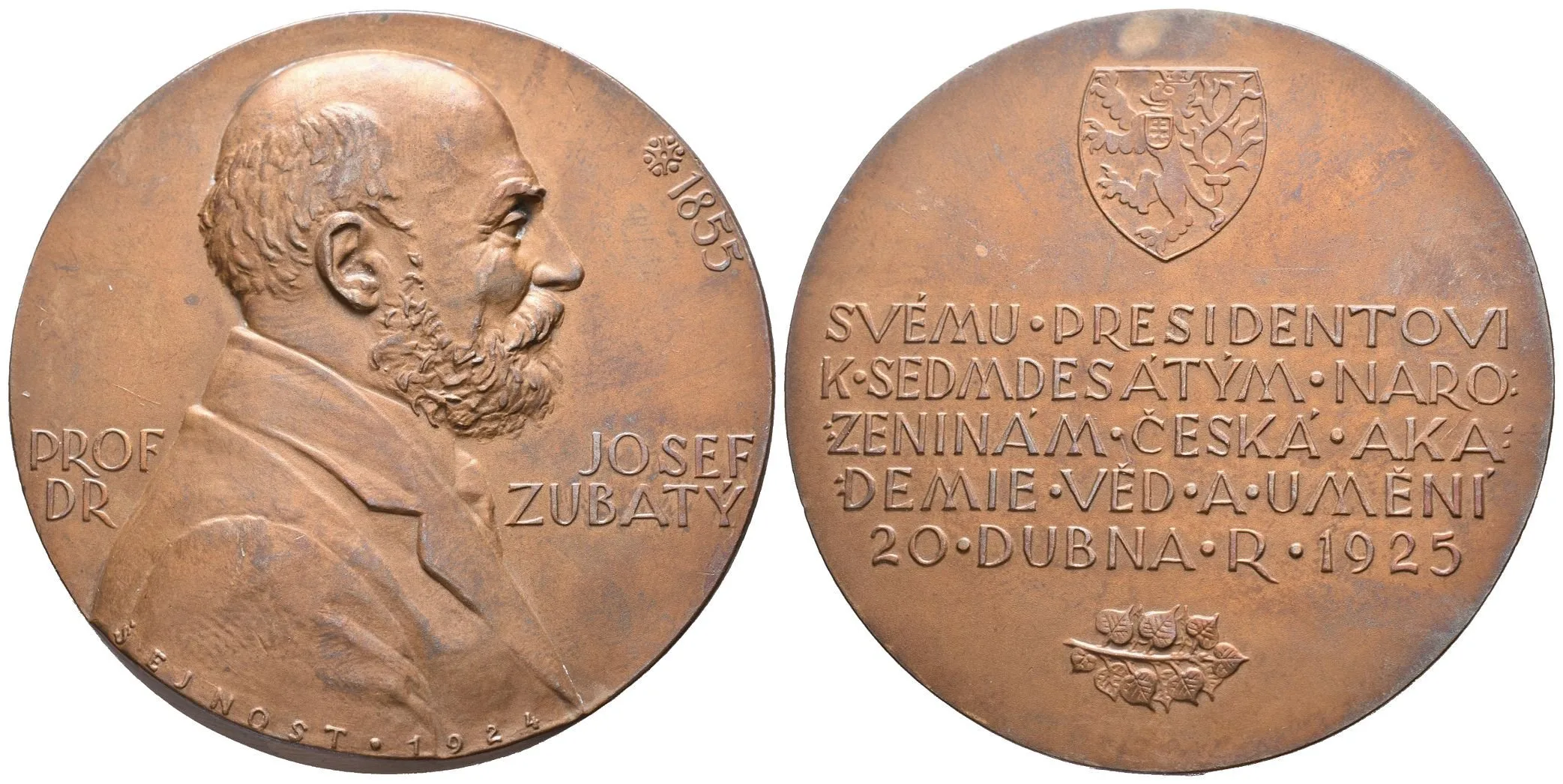 AE Medaile 1924/1925 - Josef Zubatý, český jazykovědec. Poprsí zprava, nápis, letopočet — 1