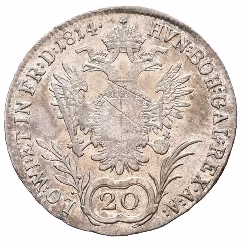 20 Krejcar 1814 A, velmi pěkná zachovalost, lesk, patina, škr. na Rv.
