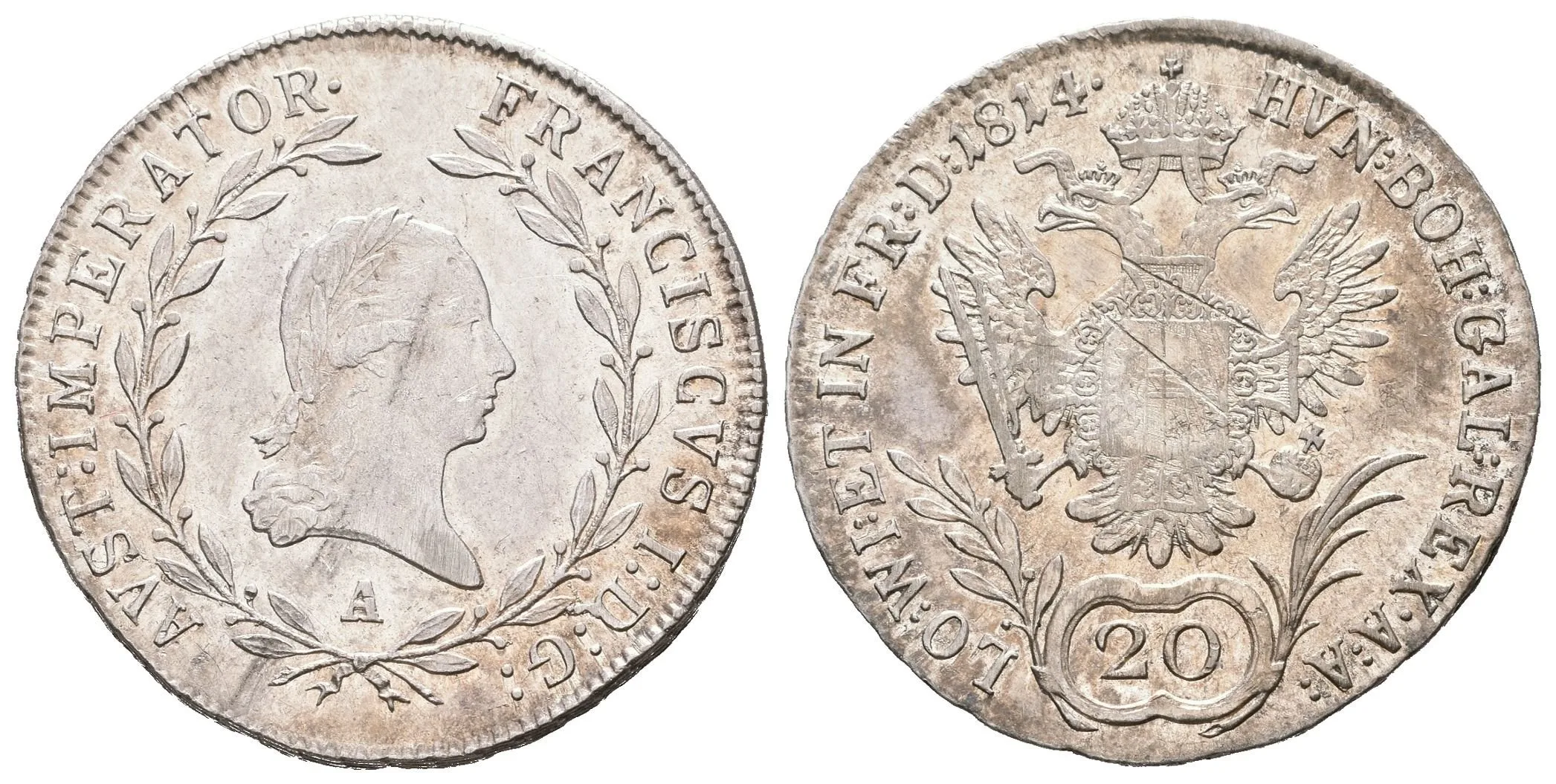 20 Krejcar 1814 A, velmi pěkná zachovalost, lesk, patina, škr. na Rv. — 1