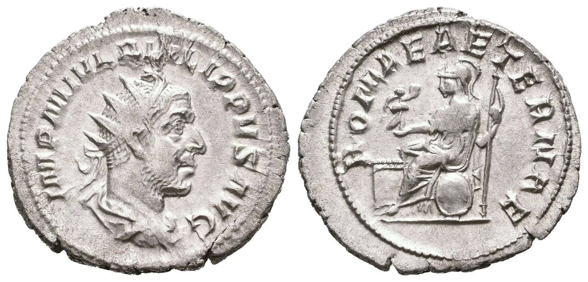 Antoninian, 244 - 247, Rv: ROMAE AETERNAE, sedící Roma zleva drží Victorii — 1