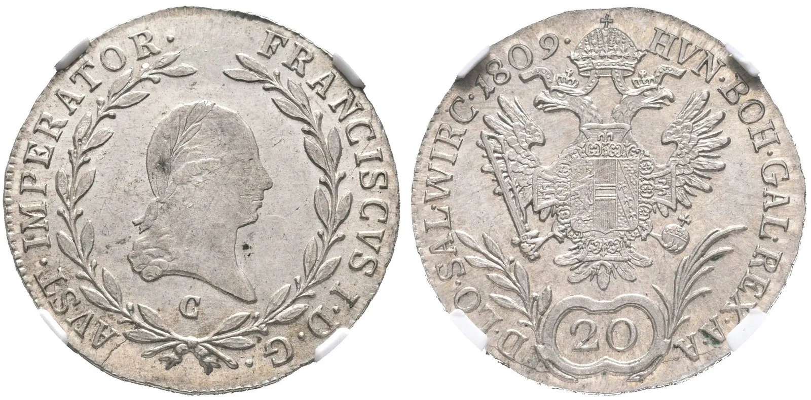 20 Krejcar 1809 C, Hal.2035, certifikace NGC, hodnocení MS 64, luxusní zachovalost — 1
