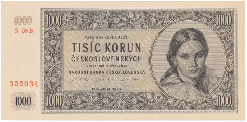 Československo, 1000 Koruna 1945, I. vydání, série B, perf. 3 md svisle, Hej.78b.S1