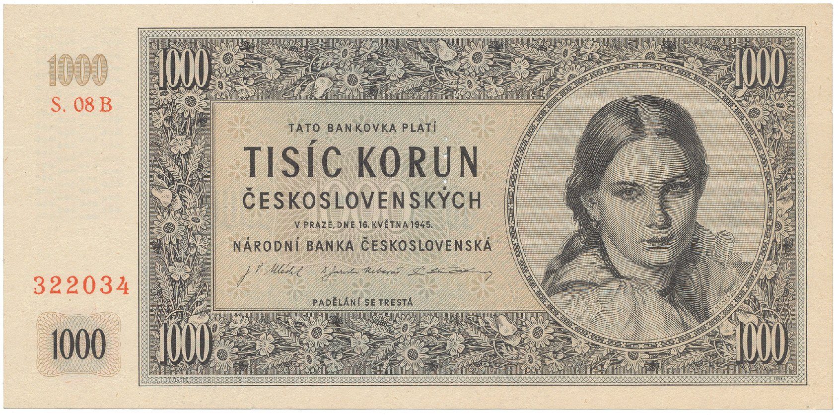 Československo, 1000 Koruna 1945, I. vydání, série B, perf. 3 md svisle, Hej.78b.S1