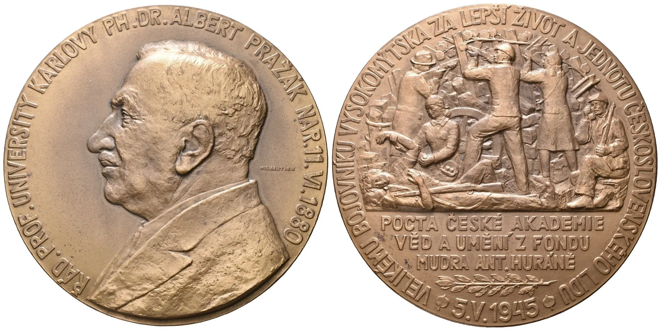 AE Medaile 1945 - 65. výročí narození Albert Pražák, Br 70 mm — 1