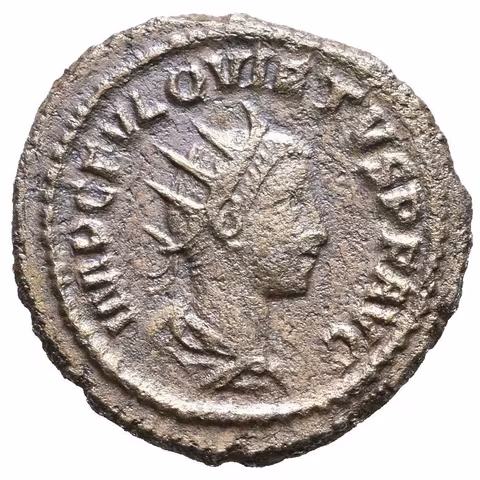 Antoninian, Antiochia, Rv: INDVLGENTIAE AVG, sedící Indulgentia zleva drží