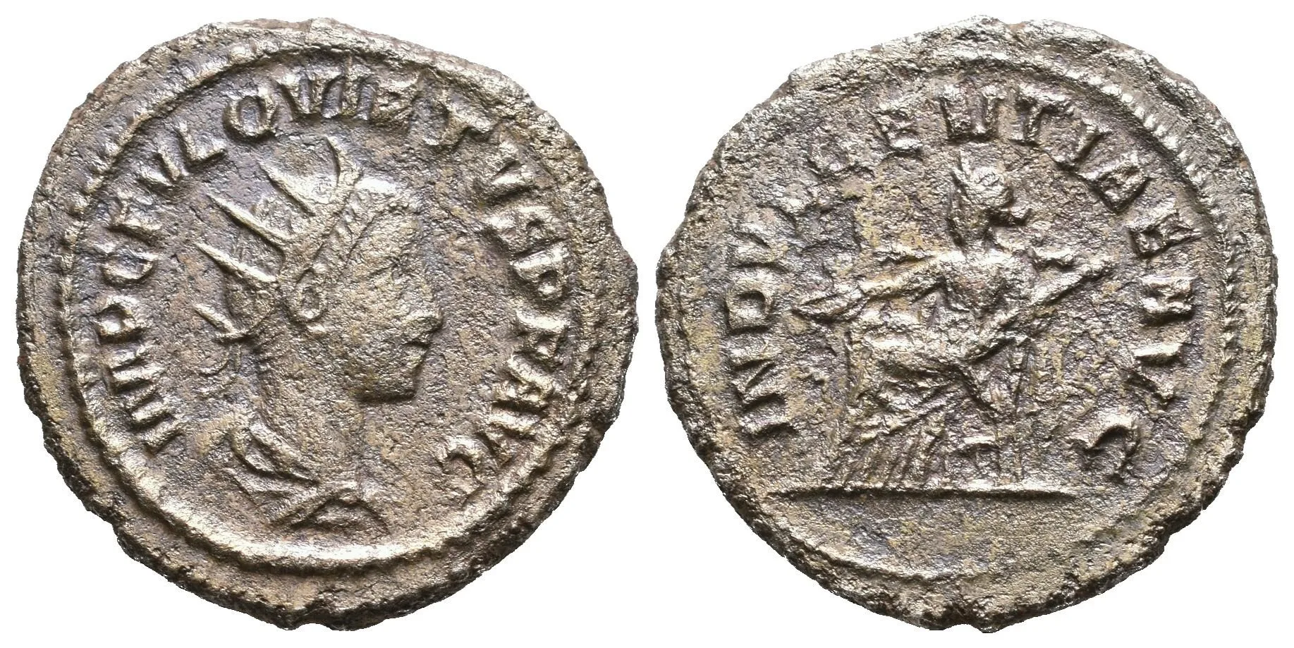 Antoninian, Antiochia, Rv: INDVLGENTIAE AVG, sedící Indulgentia zleva drží — 1