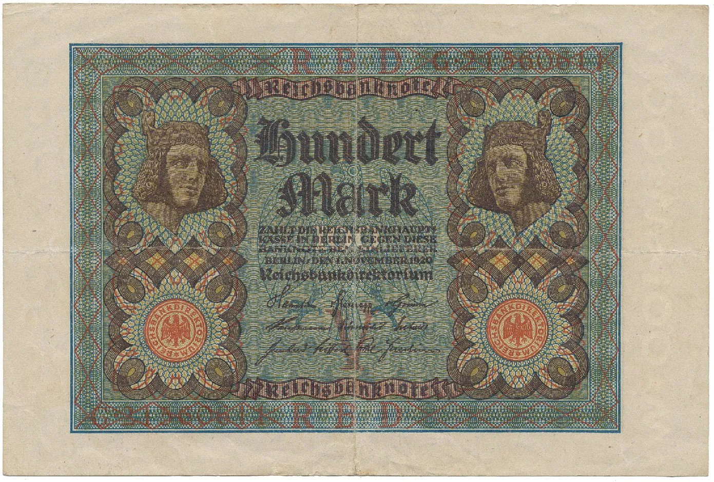 Německo, 100 Mark 1920, 8-místný číslovač, Ro.67b