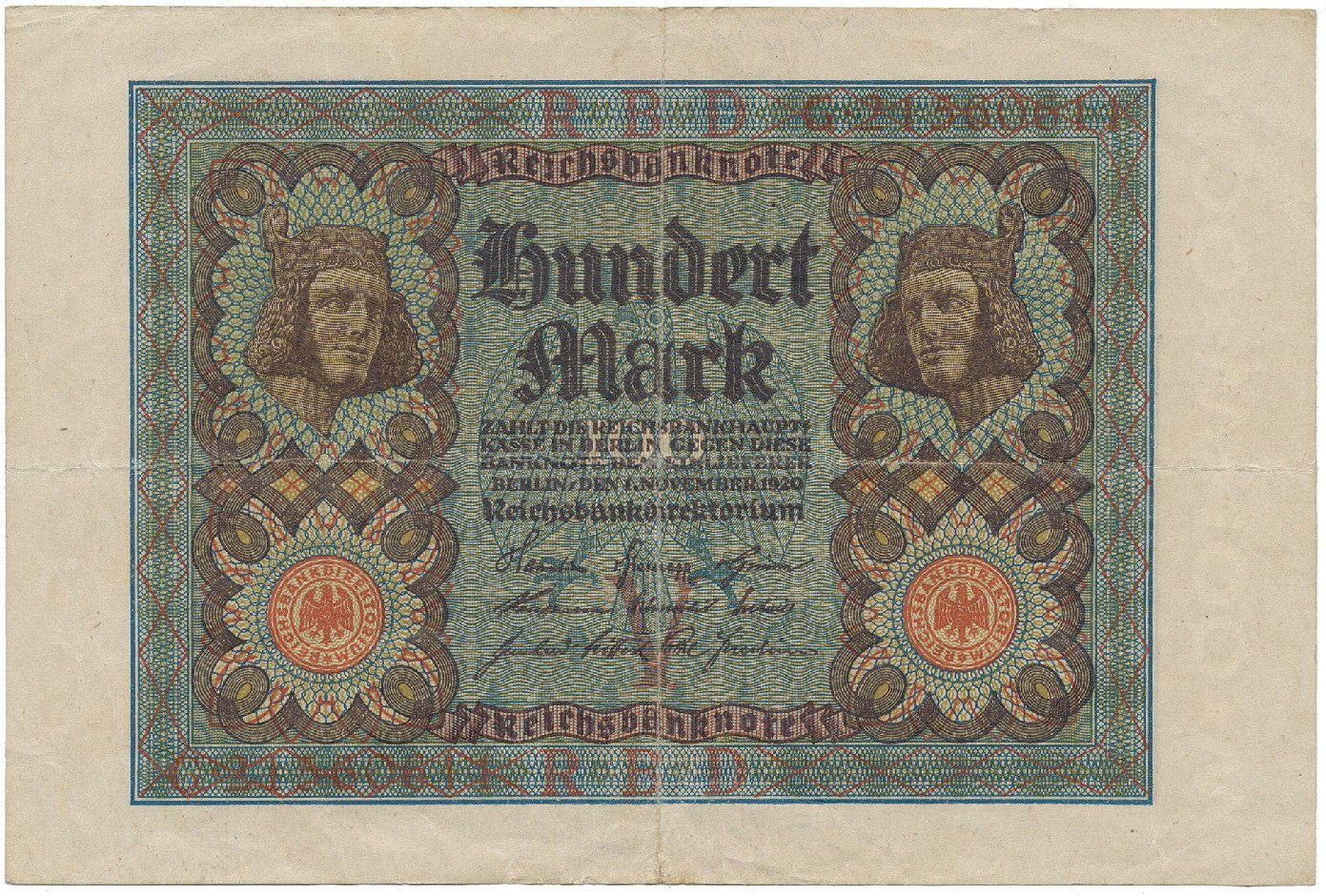 Německo, 100 Mark 1920, 8-místný číslovač, Ro.67b