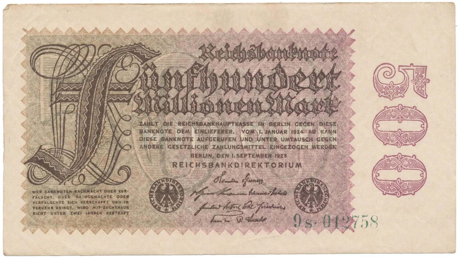 Německo, 500 Millionen Mark 1923, vodoznak Kreuzblütten, Ro.109b