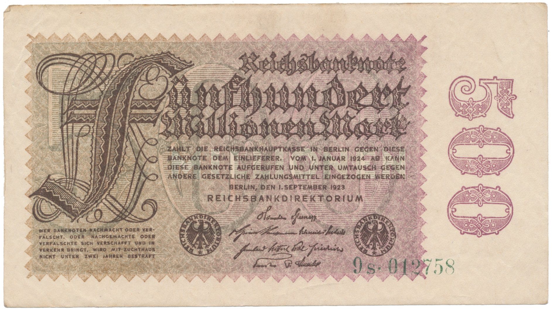 Německo, 500 Millionen Mark 1923, vodoznak Kreuzblütten, Ro.109b