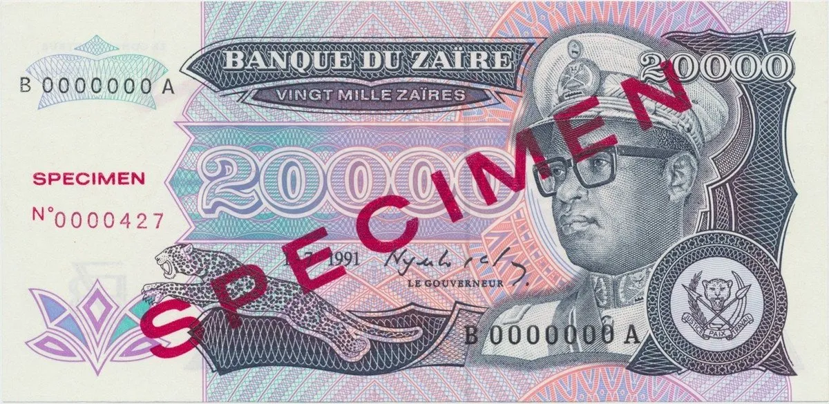 Zaire, 20.000 Zaires 1991, anulát - SPECIMEN, P.39s