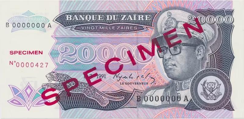 Zaire, 20.000 Zaires 1991, anulát - SPECIMEN, P.39s