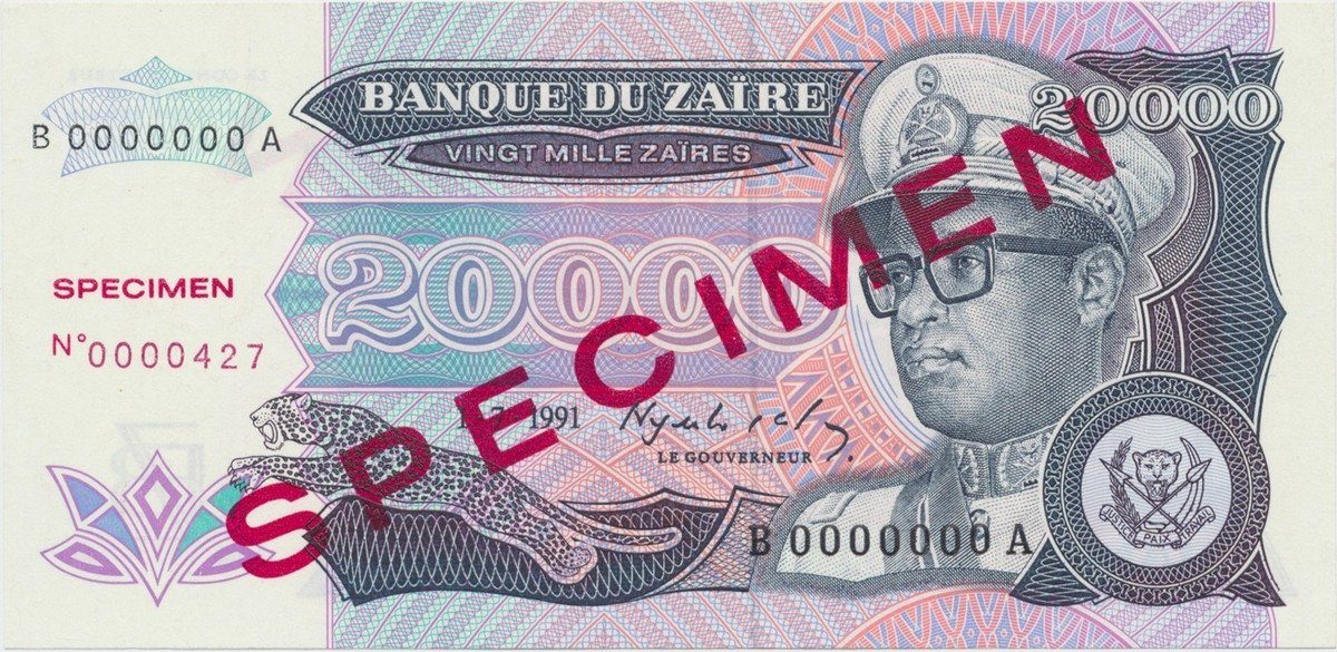 Zaire, 20.000 Zaires 1991, anulát - SPECIMEN, P.39s