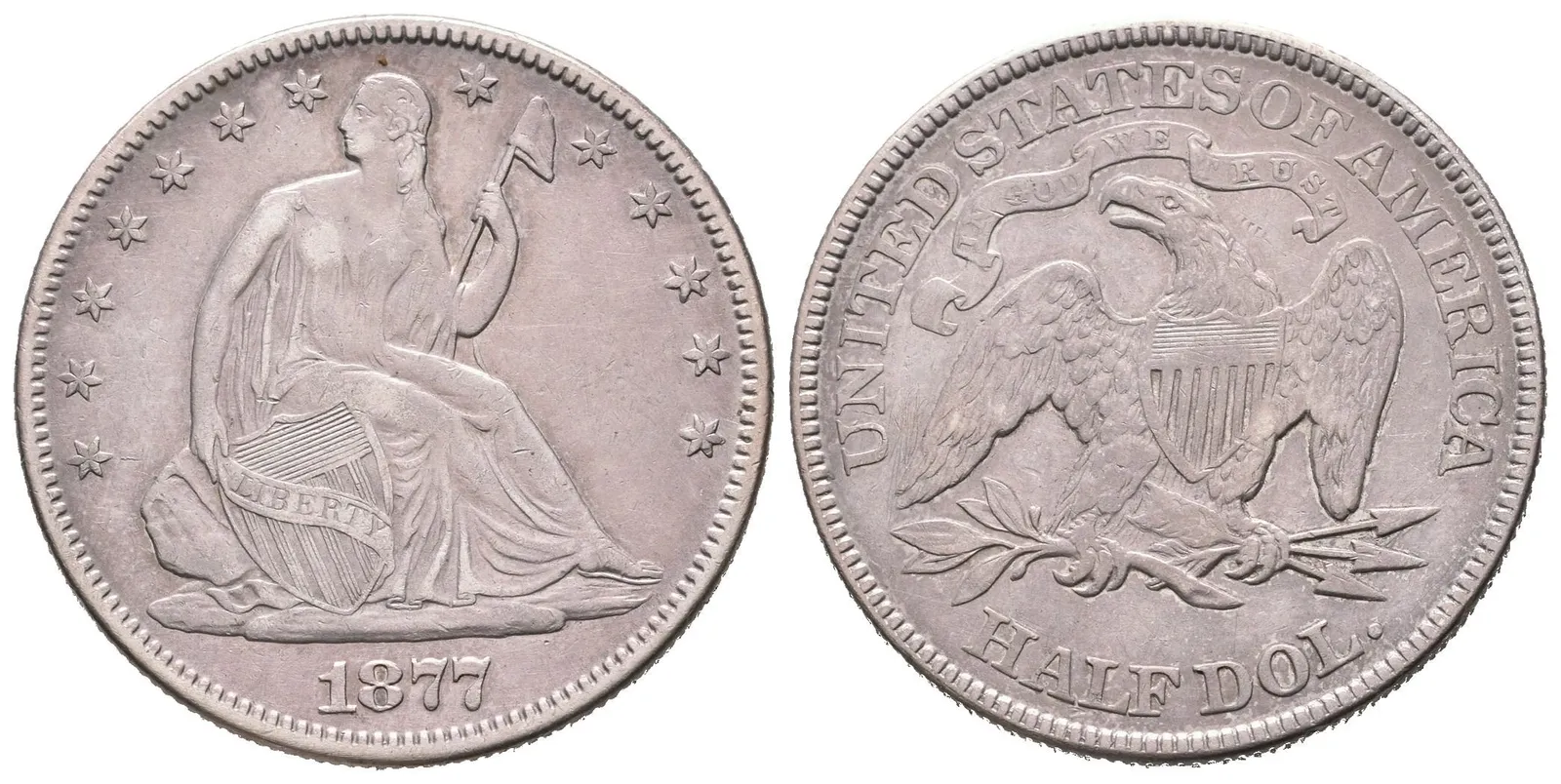 1/2 Dollar 1877, KM.A99, patina, zbytky lesku, rysky — 1