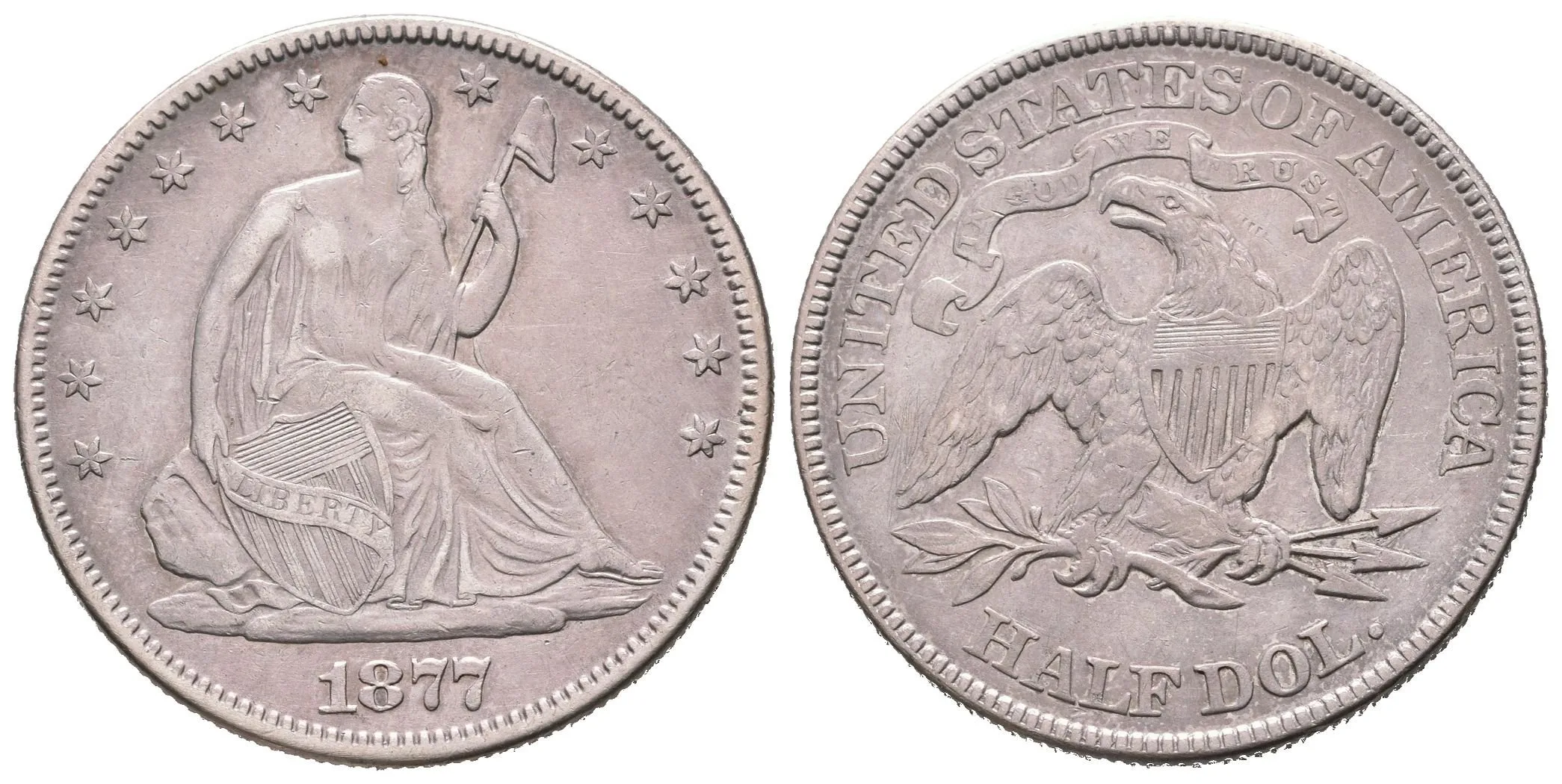 1/2 Dollar 1877, KM.A99, patina, zbytky lesku, rysky — 1
