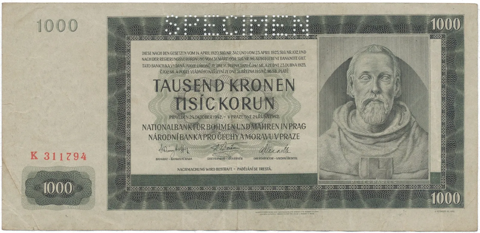 1000 Koruna 1942, I. vydání, série K, SPECIMEN, Hej.38a.S1