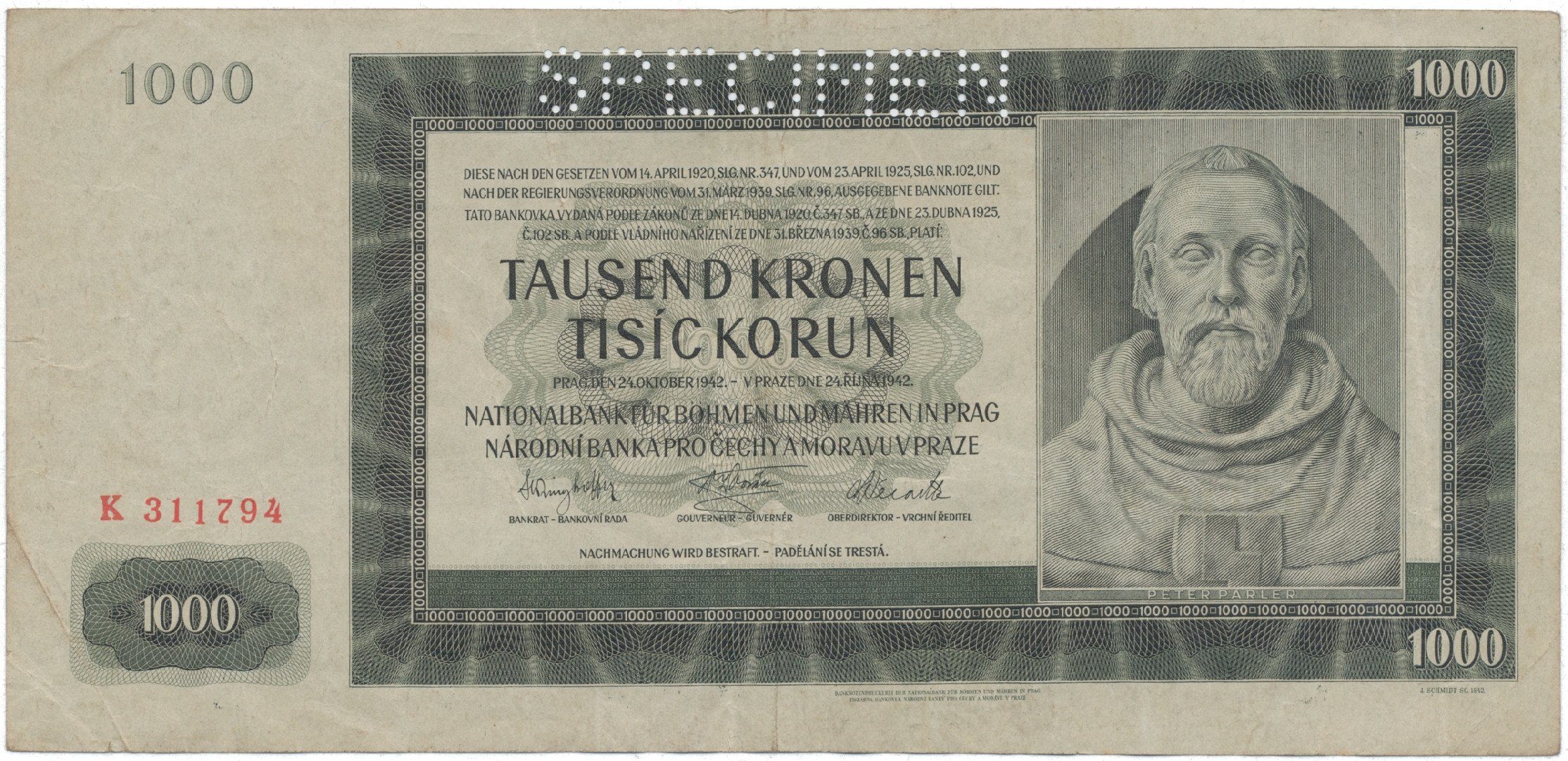 1000 Koruna 1942, I. vydání, série K, SPECIMEN, Hej.38a.S1