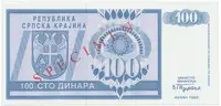 Chorvatsko - Srbská Krajina, 100 Dinara 1992, bankovní vzor, AA 0000000, přet. SPECIMEN, P.R3s - fotografie 2
