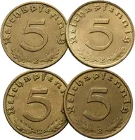 III. říše, 5 Pfennig 1937 - 1939, lot 4 ks