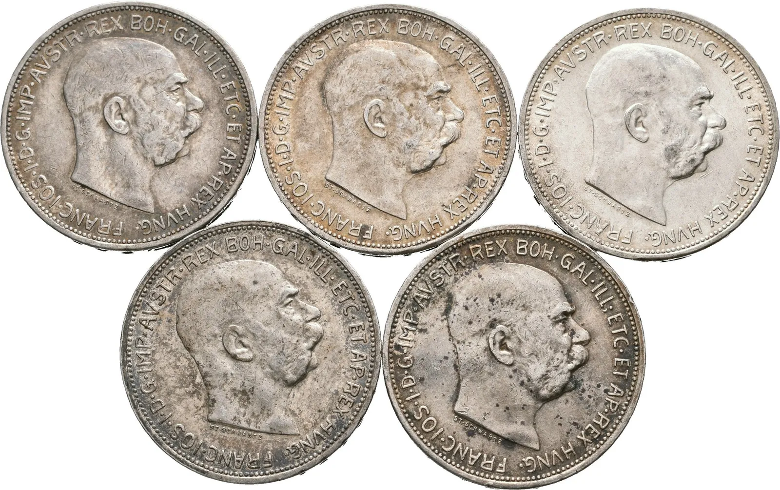 2 Koruna 1912, zbytky lesku, patina, rysky_5 ks — 1