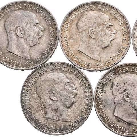 2 Koruna 1912, zbytky lesku, patina, rysky_5 ks
