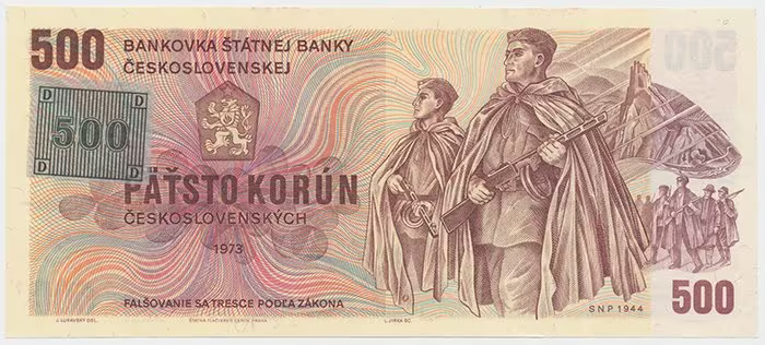 Československo, 500 Koruna 1973 + kolek (1993), série U, Hej.CZ5aU