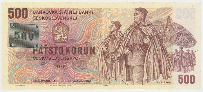 Československo, 500 Koruna 1973 + kolek (1993), série U, Hej.CZ5aU