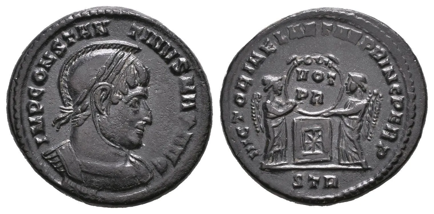 Follis, Treveri, 319, Rv: VICTORIAE LAETAE PRINC PERP, — 1