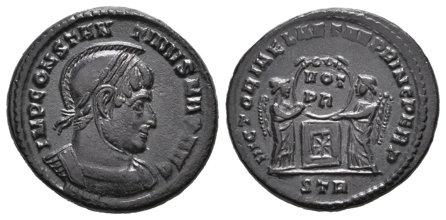 Follis, Treveri, 319, Rv: VICTORIAE LAETAE PRINC PERP, — 1