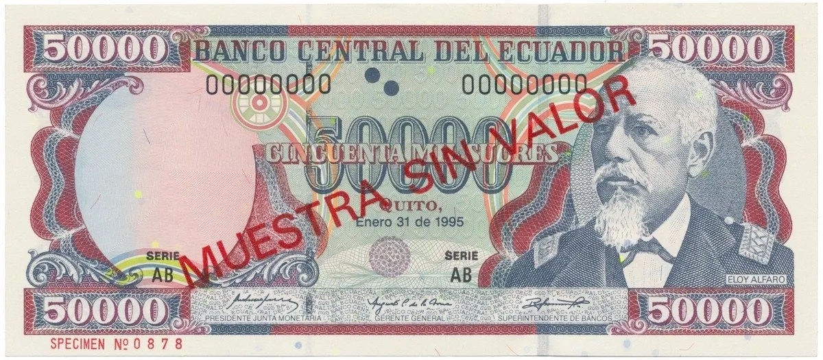 Ekvádor, 50.000 Sucres 1995, anulát - ESPECIMEN, P.130s1