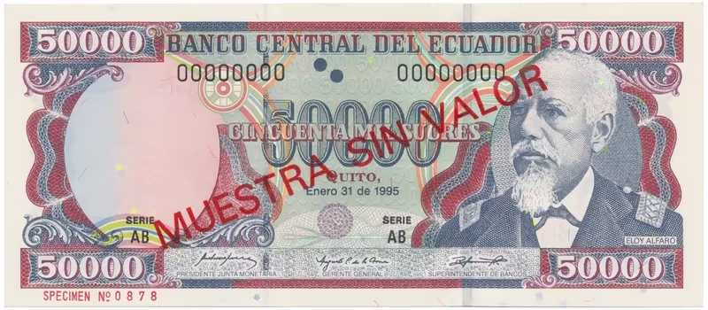 Ekvádor, 50.000 Sucres 1995, anulát - ESPECIMEN, P.130s1