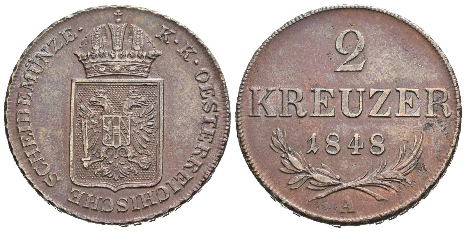 2 Krejcar 1848 A, pěkná zachovalost, patina, zbytky lesku, rysky — 1