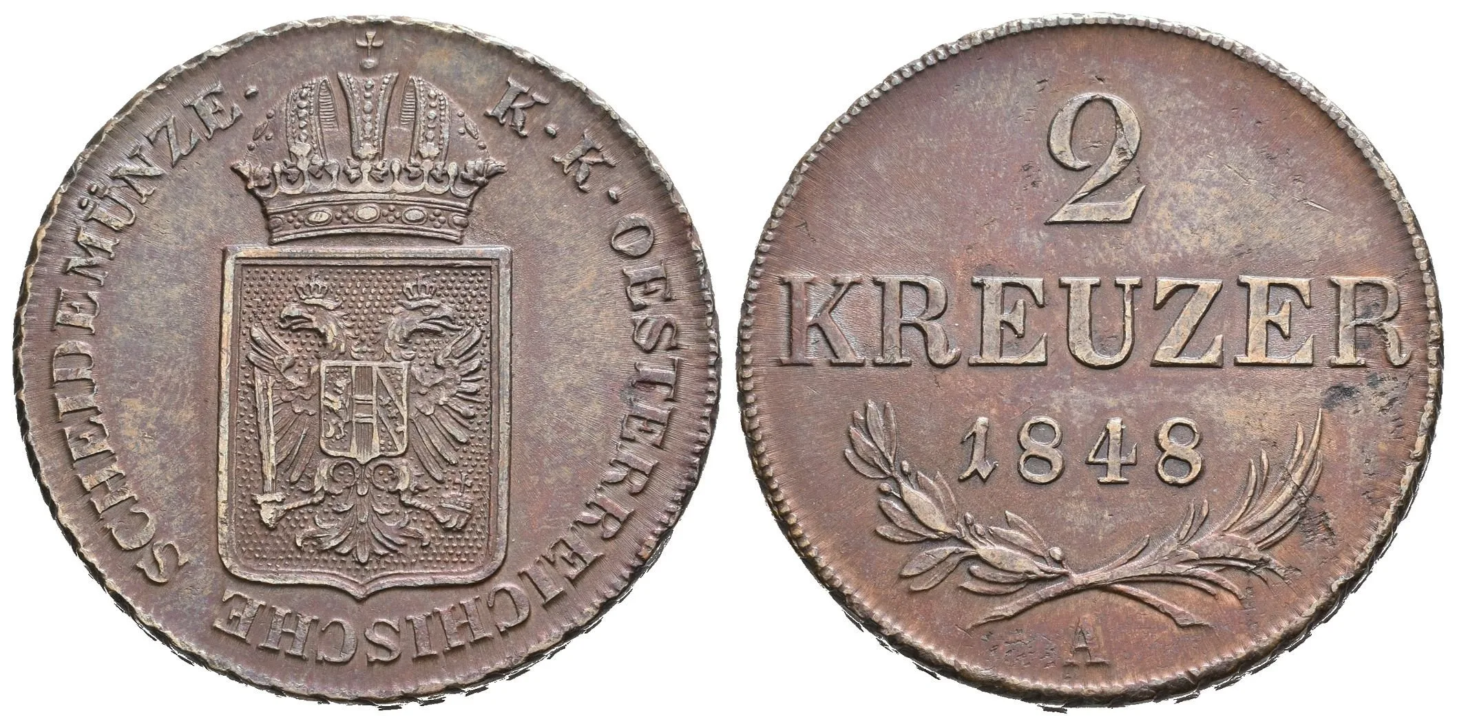 2 Krejcar 1848 A, pěkná zachovalost, patina, zbytky lesku, rysky — 1