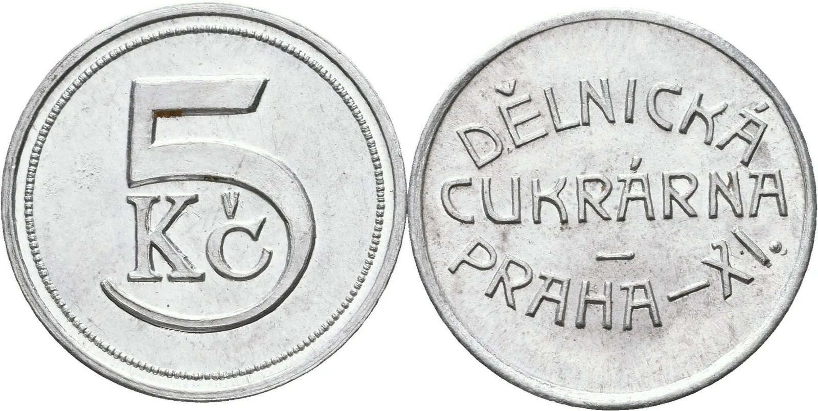 Praha - Dělnická cukrárna Praha XI, známka na 5 Kč. Al 22 mm, — 1