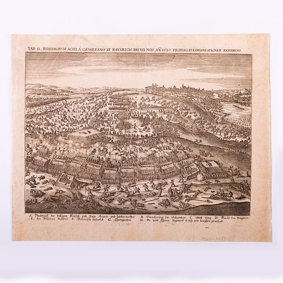 (Praha, bitva na Bílé hoře) TAB: II., BOHEMORVM ACIEI Á CӔSAREANIS ET BAVARICIS DIE VII. NOU: AN. 1620. PROFLIGATӔ DELINEATIONEM EXHIBENS.