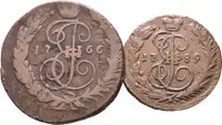 2 Kopějka 1766 MM, Moskva, Bitkin2.534, Uzd.2682, přeražba na 4 Kopějce Petra III. — 1