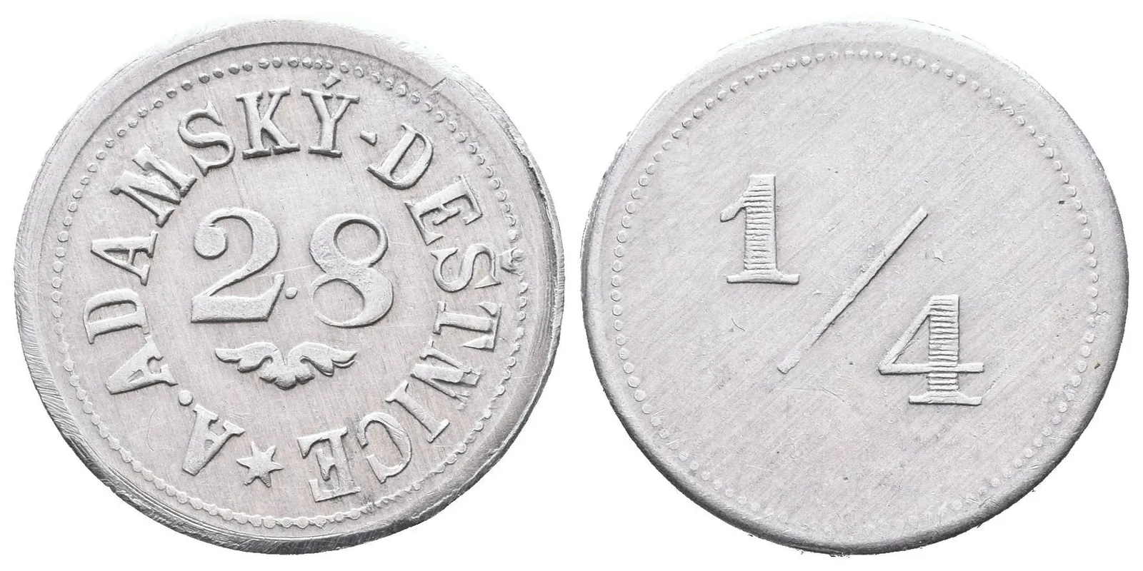Deštnice - A. Adamský č.28, známka na věrtel chmele. Al 21,5 mm — 1