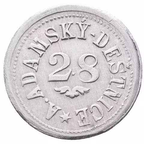 Deštnice - A. Adamský č.28, známka na věrtel chmele. Al 21,5 mm