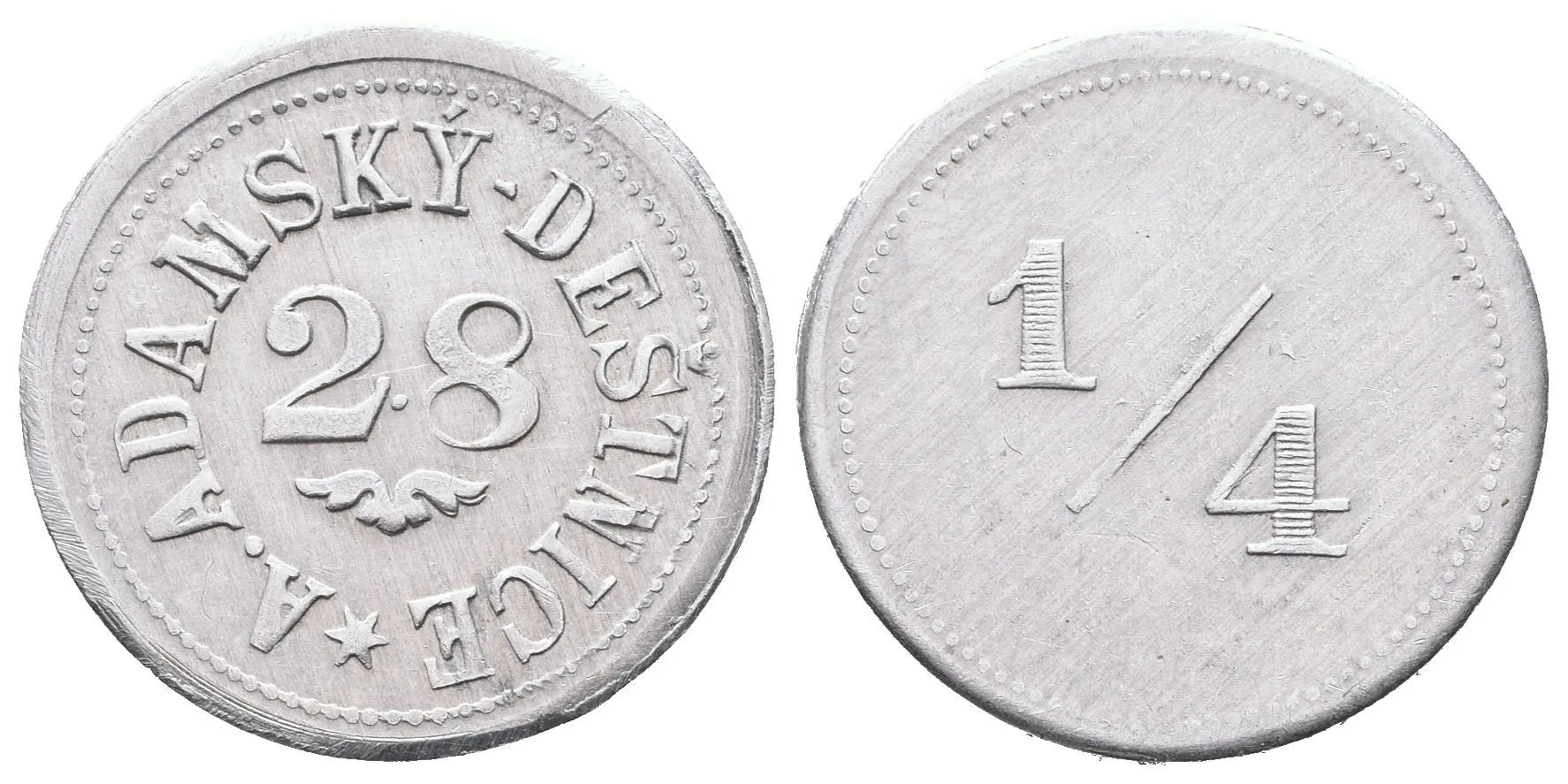Deštnice - A. Adamský č.28, známka na věrtel chmele. Al 21,5 mm — 1