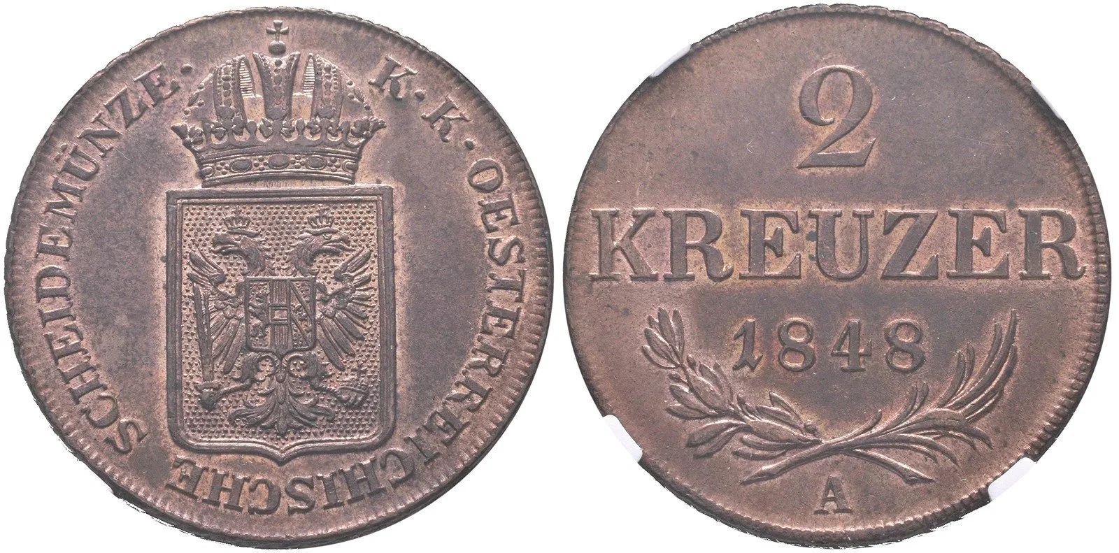 2 Krejcar 1848 A, etue NGC, hodnocení MS 63 RB, luxusní zachovalost s — 1