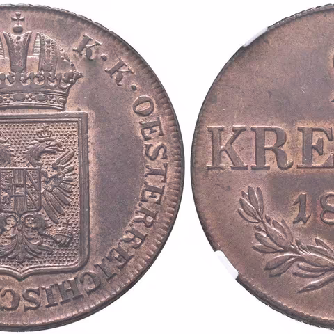 2 Krejcar 1848 A, etue NGC, hodnocení MS 63 RB, luxusní zachovalost s
